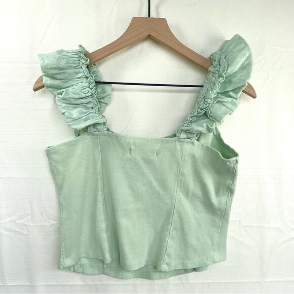 ANTHROPOLOGIE Puff Sleeve Cropped Tank Top Size L Mint Cottagecore Ribbed Cotton - Picture 4 of 11